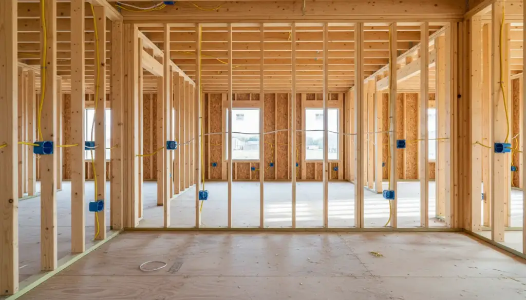 Framed house interior with blue outlet boxes on the studs and yellow cable runs before drywall